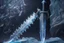 Placeholder: A fantasy greatsword that is a slender, translucent blade made of ice. Its hilt is crafted from swirling vines, leading to a vibrant crystal at the pommel. With a black background behind it. HD