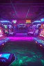 Placeholder: A dark photo of a full panoramic view an 80's aesthetics arcade at night, with a lot of functioning arcade machines, a vaporwave floor and some colorful tiles in between the floor. Purple aesthetics. Full panoramic view