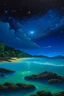 Placeholder: The beach of Leela Island is illuminated by a bright blue light all the stars Oil painting