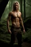 Placeholder: Tall muscular man aged 35 with light shaggy hair which falls around his shoulders, blonde neatly trimmed beard, bare chested, photorealistic, dark fantasy, forest.