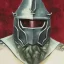 Placeholder: dungeons and dragons, fantasy, dwarf, dark priest, full plate armour, ironclad, dark metal, dark red glow, watercolour, large strokes, distinct face, portrait, head, crude crown