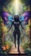 Placeholder: awake within in a dream of sacred kaleidoscope geometry , portrait of masked ninja angel wing butterfly dementor psychedelic interdimensional robot in the garden, wooden bridge, watersplash waterfall and diving elves ,lotsa wild weed, in spotlight, magazine cover illustration with spray paint, signed, bokeh like, down-light, unreal engine, prize winning