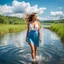 Placeholder: upper body closeup of very beautiful girl walks in water in country side , curvy hair ,next to small clean water river,pretty clouds in blue sky