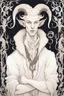 Placeholder: young satyr male albino alchemist with goat horns in the style of Aubrey Beardsley