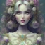 Placeholder: beautiful witch with rainbow floral and botanical dress details, sharp eyes, mixed gemstones, magic, intricate, high details