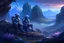 Placeholder: two medieval soldiers in armor sitting near rocks while looking at distant mountains with purple and blue distant mist and glowing mushrooms and plants around the soldiers