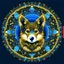 Placeholder: Blue and gold circle logo of a cute corgi dog made of gold circuit board traces, fingerprint pattern and neural network superimposed behind