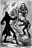 Placeholder: Frankenstein monster and the wolfman fighting each other as Dracula stands by and watches