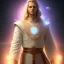 Placeholder: First image is of the main character's full body. He’s to look like a powerful celestial being with white robe, symbols on hands glowing, His background should be that of space above with stars and standing on a paradise of a planet. His belt can transform into a white dragon.