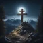 Placeholder: Hyper Realistic Cross on a mountain top at night with moonlight & trees on mountain