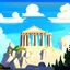 Placeholder: mount olympus from the greek mythology. view from below. temples high up on the mountain. Illustration. Cloudy. Sun behind the temple of Zeus.