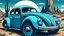 Placeholder: Create an image of a blue Beetle car driving through the desert with cacti in comic style