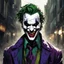 Placeholder: DEhybrid of (the joker:carnage:0. 1), sharp fangs, wide grin, grungy background street, moody lighting, shadows on left, torn jacket