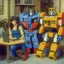 Placeholder: Optimus prime, bumblebee and ratchet at the office, 1990 sitcom style tv show.