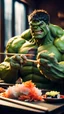 Placeholder: a hulk eating sushi with chopsticks, quality, full, beautiful light, raw photo, 8K UHD, police