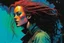 Placeholder: create an imaginative amorphous female interstellar cybernetic pirate with finely detailed facial features, short dreadlock hair, in a smokey alien bar, the comic book art style of Bill Sienkiewicz, Mike Mignola, and Jean Giraud Moebius, finely textured, drawn, colored, and inked