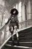 Placeholder: scarred cyberpunk vampire girl with tribal tattoos short curly dark cyberpunk hair descending the staircase in decaying gothic mansion with ornate dagger in hand at dawn