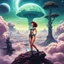 Placeholder: slim Sci-fi pin-up girl on an alien planet of cloud trees in the multiverse