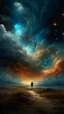 Placeholder: A journey Back in stone age through a digital light in the parallel universe among the galaxies and the stars a big clouds of gas covering the sky from a distance Busch painting style nightmare