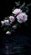 Placeholder: The image is a digital artwork that depicts a branch of tree of Purple roses and leaves tangling in to a water in the river with aThe rose floats on the surface of the water, creating a wave-like effect. The background is black, which makes a branch of a tree of white roses stand out even more. Water droplets are scattered adding to the dreamy, ethereal quality of the image. The a