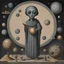 Placeholder: A semi-abstract, minimalist oil painting of Ptolemy and Regiomontanus, surrounded by celestial globes, astrolabes, and ancient tomes. A grey alien with large, black eyes and a curious expression stands beside them. The paint is applied in thick layers on the canvas. The color scheme is sober.