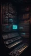 Placeholder: Si-Fi, The permanent under atmospheric lighting effects, a whole wall filled with synthesizers and electronic devises . intricate historical moody atmosphere, eerie grimdark ambiance, complex motherboard accents, speculative fiction art. Bokeh