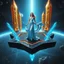 Placeholder: A breathtaking cosmic fantasy scene featuring a stunningly realistic beautiful woman with a perfect face and sculpted figure standing gracefully at the center of a floating geometric platform in deep space. She wears an elegant flowing gown in vibrant silver and blue hues that billow around her perfect form. The platform is constructed from dark cobblestone-like blocks arranged in a star shape. Surrounding her are magnificent crystalline towers and pillars in gold, amber, and electric b
