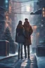 Placeholder: Science fiction, cyberpunk, city street, couple girl and guy, together, love at first sight, forbidden love, winter