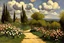 Placeholder: Clouds, spring trees, little pathway, fence, flowers, frederic bazille impressionisn painting