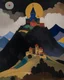 Placeholder: A dark brown mountain with a brick castle painted by Wassily Kandinsky
