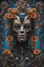 Placeholder: Collage of different colorful material shaping a Giger-like half human half robot, with lights on its head. The flowers around are made out of pure blue and brown velvet