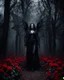 Placeholder: Facing front photography Gothic Art Style realistic Full body,creepy Vampire ghost woman long hair straddle wings bat she on walk on creepy,in dark night mystery forest,red roses flowers sorrounded background,dramatic angle, extreme angle shot, trypophobia, horror