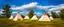 Placeholder: Prairie landscape, living skies, 1 large teepee and 3 smaller teepees, near trees, historically authentic, summer