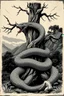 Placeholder: "image_description": "overall_scene": "A vintage-style monochromatic illustration depicting a giant snake against a vast, atmospheric landscape backdrop.", "foreground": "serpent": "description": "A giant snake coils around a giant tree. Its scales are highly detailed, and its form is imposing and powerful.", "details": "The snake's body is wrapped around the thick branches of the tree, illustrating its immense size and strength." "background": "landscape": "descrip