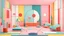 Placeholder: From a wide shot, you can see the vibrant scenery of the De Stijl-style talk show. Pastel colors and defined geometric shapes blend harmoniously, creating a dynamic and modern atmosphere. Focusing on specific details of the scenery, the camera highlights the geometric patterns and bright colors characteristic of the Suprematism style. The lighting highlights the uniqueness of each element. The camera pans, showing the complete set of Deconstructivism scenography. From the chairs to the backgroun