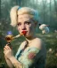 Placeholder: Ultra realistic wonderland photo, happy blonde woman smoking a pipe, blue dress, white rabbit pet, circus dress style, old school tattoo, smoke, marijuana garden, glow eyes, perfect iris, soft color, highly detailed, unreal engine 5, ray tracing, RTX, lumen lighting, ultra detail, volumetric lighting, high definition.