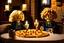 Placeholder: blonde lego girl and curly black haired lego boy eating lego pizza in an italian restaurant in candlelight