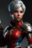 Placeholder: create an adult female air genasi from dungeons and dragons, dark gray short hair, light blue eyes, wind like hair, wearing red leather clothing, realistic, from waist up, digital art, high resolution, strong lighting