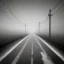 Placeholder: An empty road on a misty day. Telegraph poles and wires. Muted tones. Tilted horizon. With blotches, blurry areas and lens noise and grain. Photo 4k