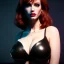 Placeholder: Christina Hendricks dressed in black leather, frank miller sin city, busty, cleavage, volumetric lighting, particales,highly detailed,cinematic, deep colours,8