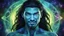 Placeholder: beautiful gorgeous young man na'vi with long hair, Avatar, blue skin, two small ears, green eyes, black hair, in cosmic suit, galactic ambiance, medium pointy goatee , smiling, nebulas and sacred geometry light figures on the backgroud,