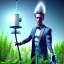 Placeholder: mad scientist with blue eyes standing by cell tower overgrown with plants