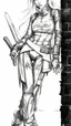 Placeholder: teen woman in retro-futurist cyberpunk costuming with pants and sheathed swords leaning to the side with shoulder against a brick pillar, background is brick with graffiti of a large arrow pointing to the right and text of the word "PUB" on lower left