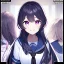 Placeholder: Clear focus,8k,Beatiful Lighting,Beatiful Blur,Beatiful Face,Beatiful Shading,Black long hair,silky hair, long silky bangs, Purple eyes, wearing a sailor uniform outfit, Hair in eyes, lot of hair, Line art, Happy, Smiling