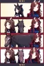 Placeholder: A single portrait of a woman with long brown hair and red eyes wearing competitive horse riding clothes, riding a black horse, intricately detailed, masterpiece, HD, 4k