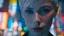 Placeholder: portrait of human android Anita, 25 years old female, short white hair, neat hairstyle tied back, white albino skin, shiny neon blue eyes, big eyes, very many freckles on her face, with a blue blure glowing tattoo on her neck: , nice, kind and friendly face, blur background with white-blue neon lights