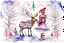 Placeholder: an enchanting illustration Watercolor, Alcohol Ink, Of little girl with short wind blown hair, knit hat with many strands of hair coming through her hat, tiny tinsel and beads through hair, silk lavender and pink dress, striped stockings, boots, stick tree with hanging ornaments from branches, scene is the girl hugging a moose with a red collar around his neck, snowflakes falling from the sky misty evergreen and birch tree background, Wintery Scape