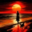 Placeholder: A painting of a woman and a dog walking on a beach at sunset with the red sun in the background, inspired by Chris Moore, inspired by Henry Macbeth-Rayburn, bloody sunset, looking out into the Red Ocean, acrylic and oil painting, with sunset, watching the sunset, 'a lonely dark figure'' !!, inspired by Dave Kendall, epic red - orange moonlight, acrylic painting on oiled canvas