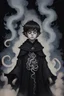Placeholder: 7 year old boy, necromancer, friendly, with tentacle coming out of his stomach, surrounded by weird smoke with eyes, wearing black robes, in the style of Harry Clarke