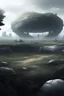 Placeholder: Giant sci fi grey tech hole on the ground, overgrown apocalyptic city ,comic art